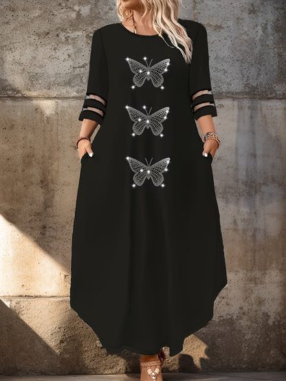 Women's Plus Size Butterfly Rhinestone Dress with Mesh Contrast Sleeves and Pocket