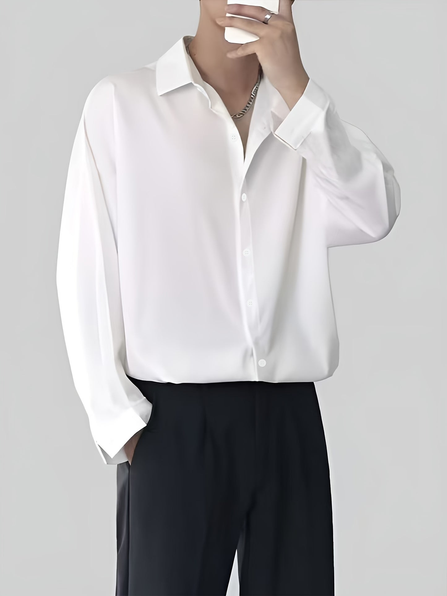 Men's professional solid color long sleeve shirt suitable for business formal and casual wear. Made of polyester, non-stretch, semi-sheer with lapel collar. Ideal for spring/fall workwear.