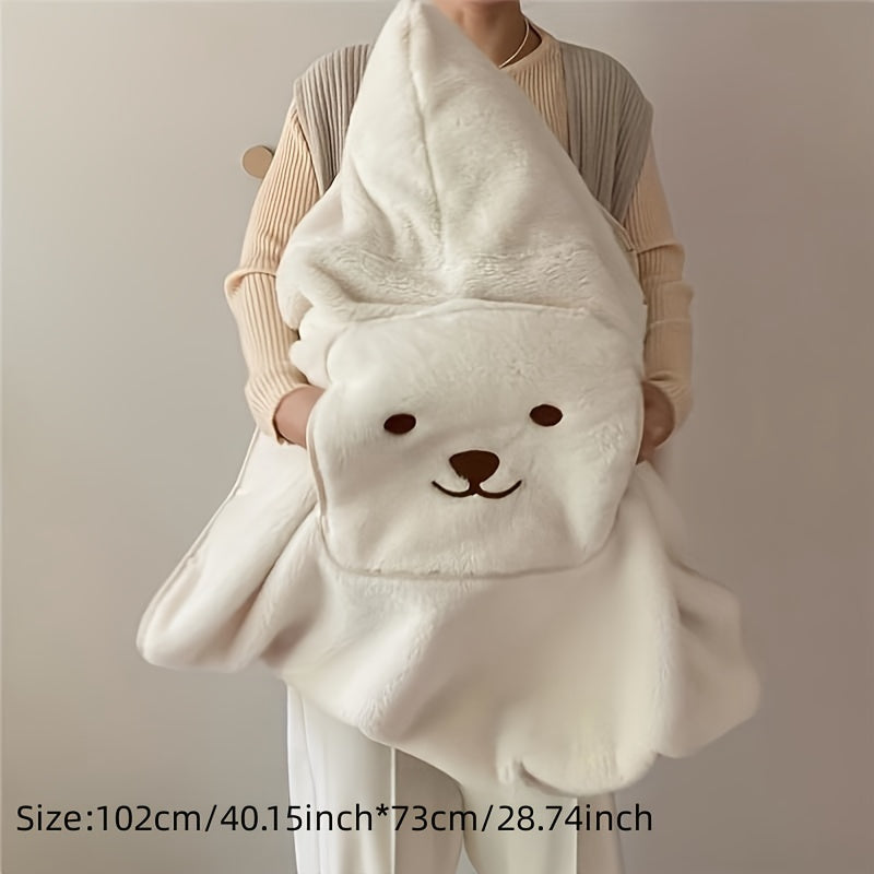 Thickened Windproof Throw Blanket with Bear Embroidery, Portable Carrier for Warmth on the Go, Ideal for Fall and Winter with Windshield Cover and Waist Stool Carrier.