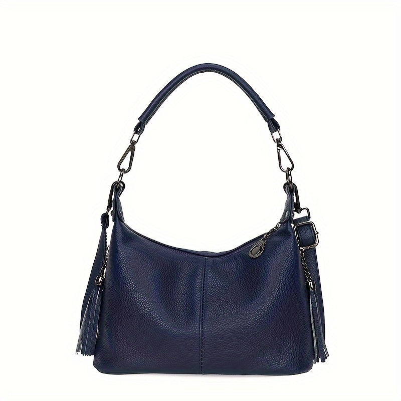 Women's genuine leather shoulder bag with large capacity, adjustable strap, zipper closure, casual style in black or blue. Ideal for daily commute, shopping, and travel gifts.