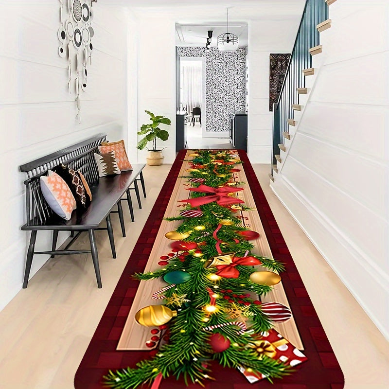 Get into the holiday spirit with this Christmas-themed runner rug featuring a festive tree, ornaments, and bow design. Made from low pile, tufted polyester, this machine washable rug is also non-slip and stain resistant, making it perfect for hallways