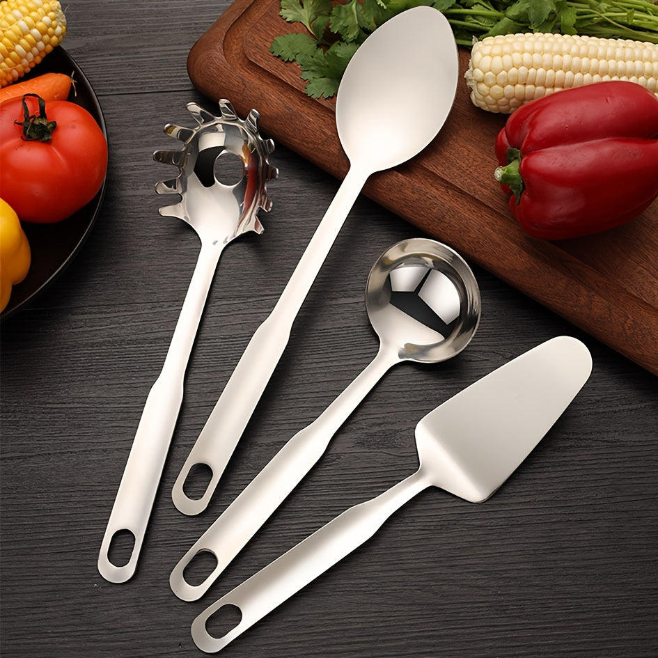 A set of 8 stainless steel kitchen utensils with comfortable grip handles - Dishwasher safe and silver in color.