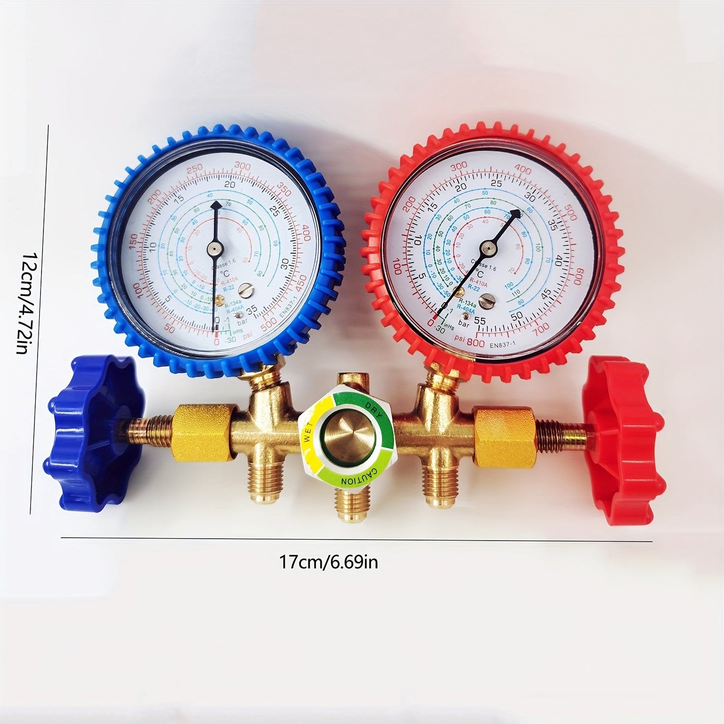 HVAC and Refrigeration Manifold Gauge Set with Hoses and Hook, Made from Metal and Plastic, Compatible with R410A, R404A, R134A, R22 Refrigerants. Ideal for Automotive and Home Air Conditioning Charging, No Power Needed.