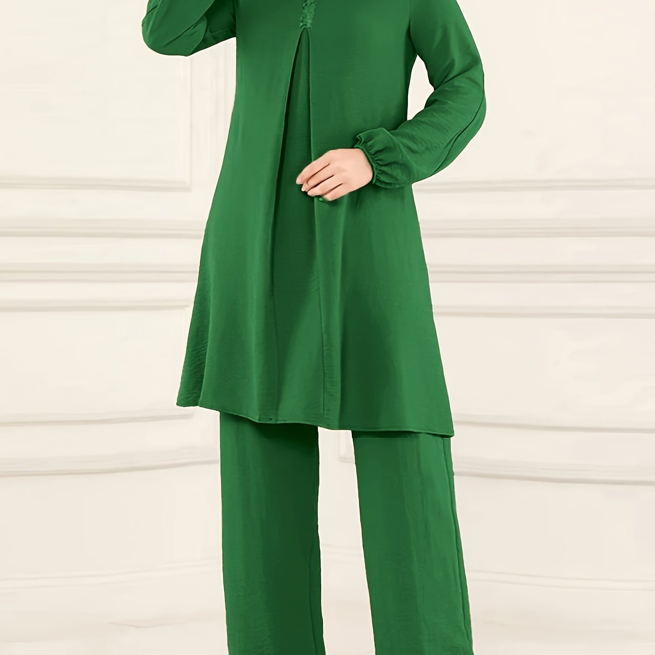 Ramadan Elegant Solid Muslim Two-piece Set for Women: Long Sleeve Crew Neck Top with Straight Leg Pants.