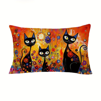 Folk art style black cat throw pillow cover with sun and flowers design. Made of 100% polyester, hand wash only. Features zipper closure, suitable for couch, sofa, living room, bedroom. Available in two sizes: 29.97cm X 50.04cm and 44.96cm X 44.96cm.