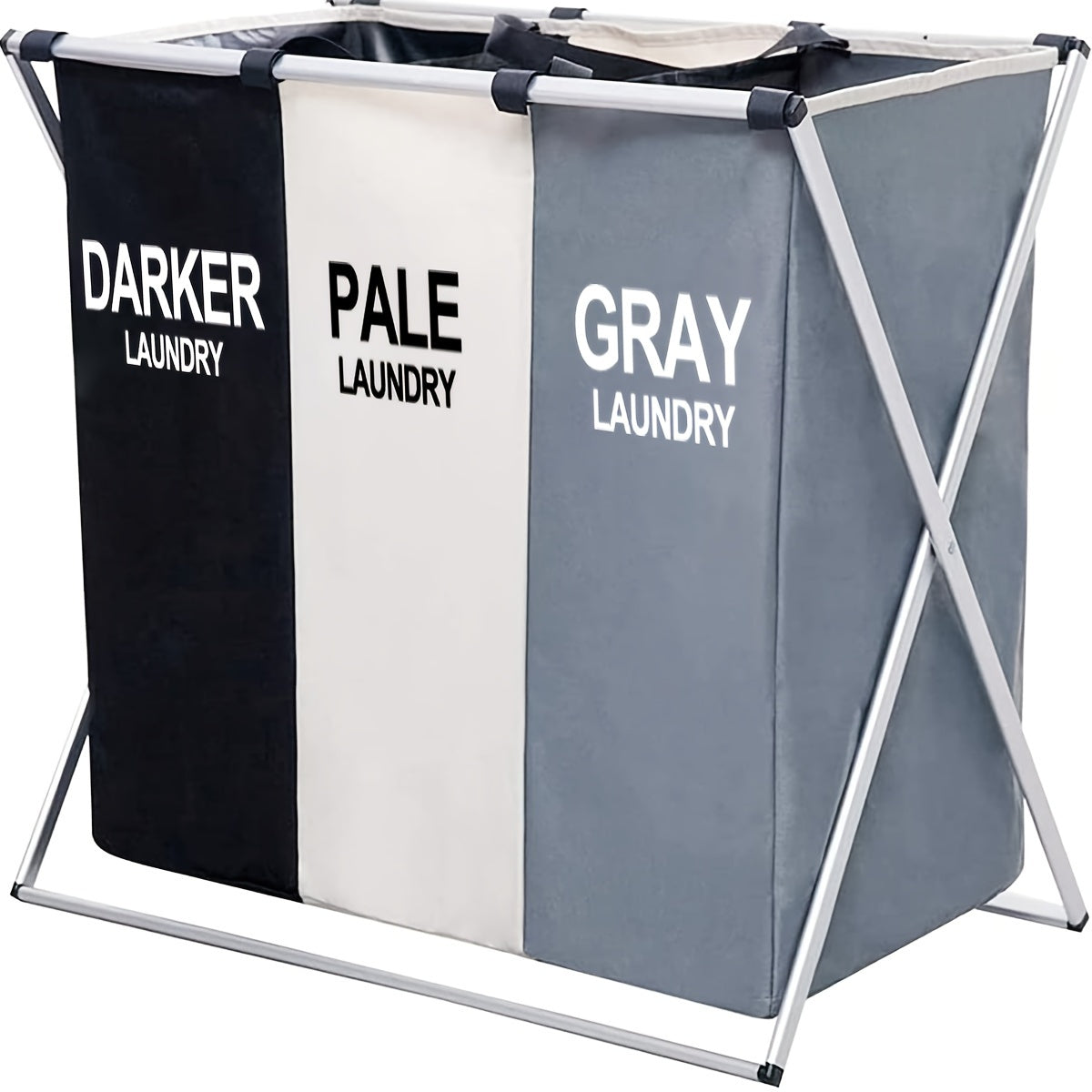 One pack of a 3-section foldable laundry hamper with an aluminum frame and metal material. Features a triple compartment clothes sorter with detachable bags for easy washing. Ideal for organizing laundry in the bathroom, bedroom, or throughout the home.