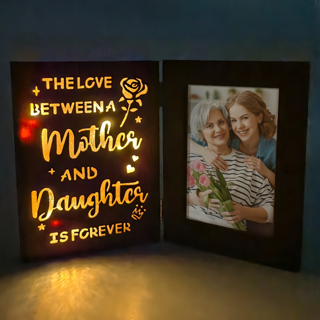 Celebrate the eternal bond between mother and daughter with our Engraved Wooden Photo Frame featuring LED Light. This 4x6 picture frame is perfect for gifting on Mother's Day, birthdays, or to a new mom. Ideal for women ages 18 and above.