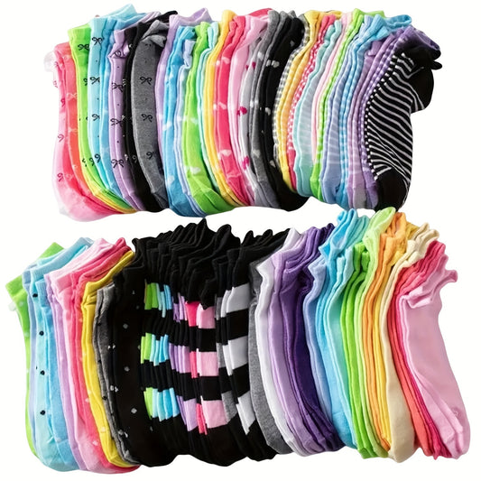 20 women's ankle socks in candy-colored heart and stripe patterns made of breathable polyester blend with ribbed detail, suitable for everyday casual wear.