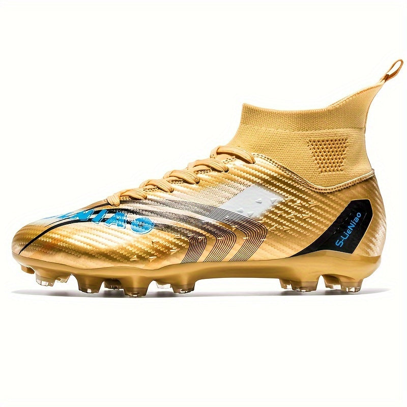 Kids' high-top soccer cleats featuring long studs, anti-slip design, breathable PU upper, TPU sole, and lace-up closure for all sports seasons.