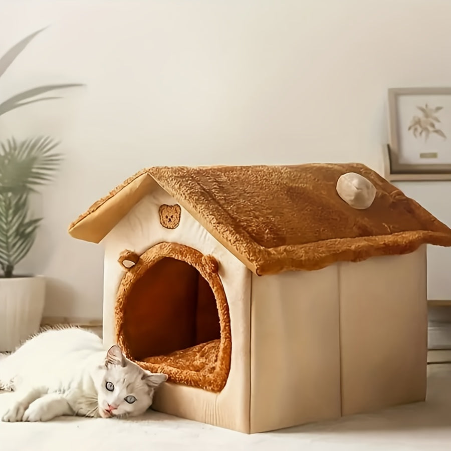 Detachable and washable cat bed with soft plush interior, suitable for cats and small dogs. Easy assembly and cute design for winter warmth.