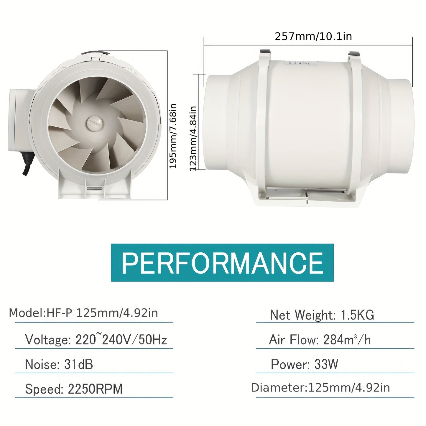 High-Speed 10.16cm Inline Duct Fan with Mixed Flow - Quiet, powerful ventilation for heating & cooling, perfect for grow tents & hydroponics, easy installation, 220V.