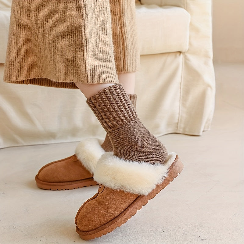 5 cozy winter socks for women in beige and brown, mid-calf length, soft polyester blend, ideal for cold weather.