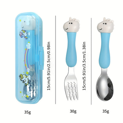 Children's cartoon dinosaur fork and spoon set made of portable 304 stainless steel for learning and training purposes.