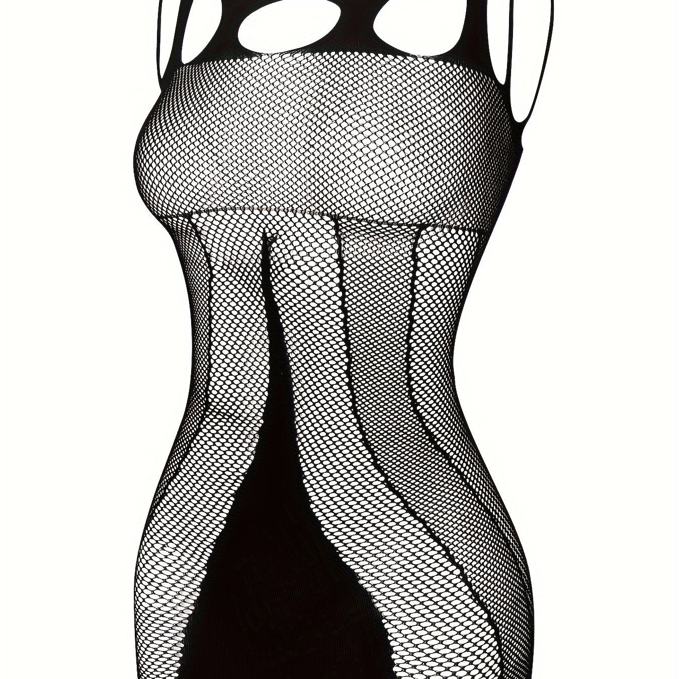 Sexy lace mesh fishnet teddy with spaghetti straps, bodycon dress with jacquard pattern and drawstring detail, made of nylon knit fabric, adult apparel.