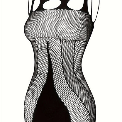 Sexy lace mesh fishnet teddy with spaghetti straps, bodycon dress with jacquard pattern and drawstring detail, made of nylon knit fabric, adult apparel.