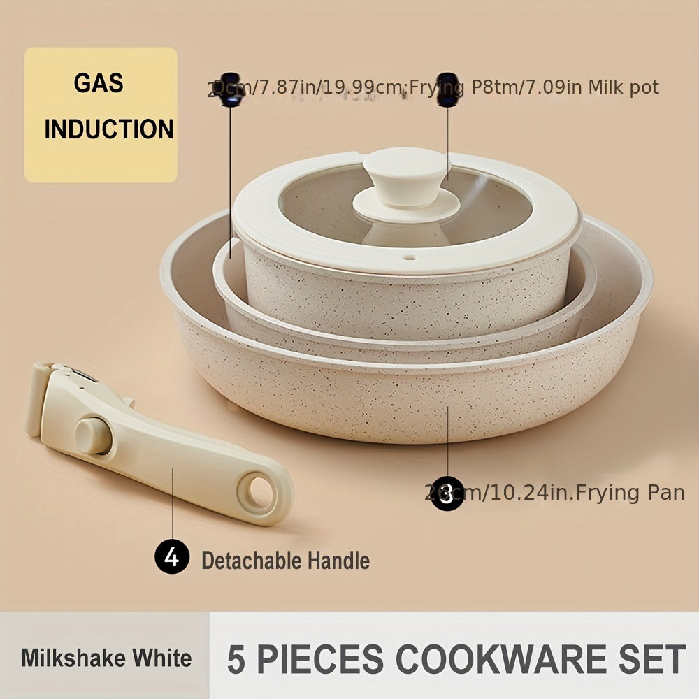 Set of 5 Aluminum Non-Stick Cookware Pieces with Detachable Handle, Free of PFOA, Suitable for Use on All Stovetops.