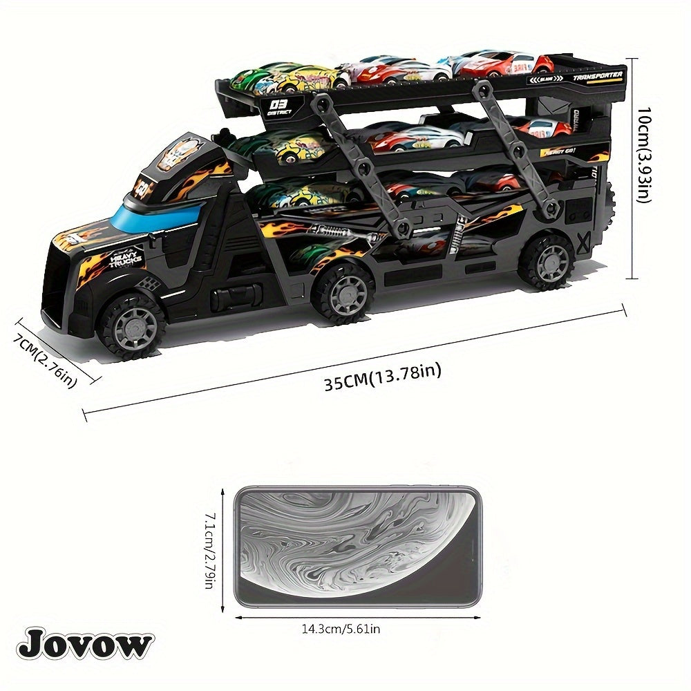 Jovow Transforming Police Toy Car includes 8 mini cars, retractable design, black with blue flames and racing car graphics. Perfect gift for boys and girls for imaginative play.