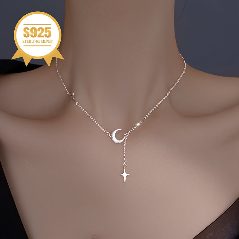 This elegant necklace is designed for women with allergies, crafted from 925 sterling silver. It features a charming star and moon tassel pendant, showcasing a minimalist and one-of-a-kind design. Ideal for Valentine's Day or Mother's Day gifts, it comes