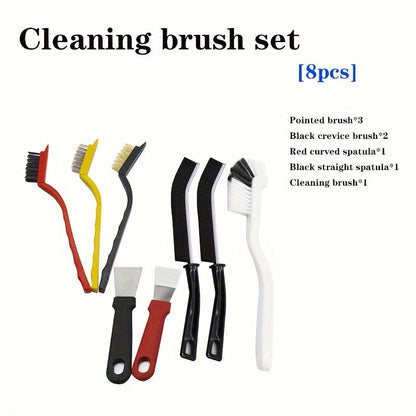 Set of 8 Multi-Functional Cleaning Brushes - Sturdy Stainless Steel and Plastic Utensils for Cleaning in Kitchen, Bathroom, and Outdoors - Includes Brushes for Stove, Range Hood, Refrigerator Gap, Cups, and more