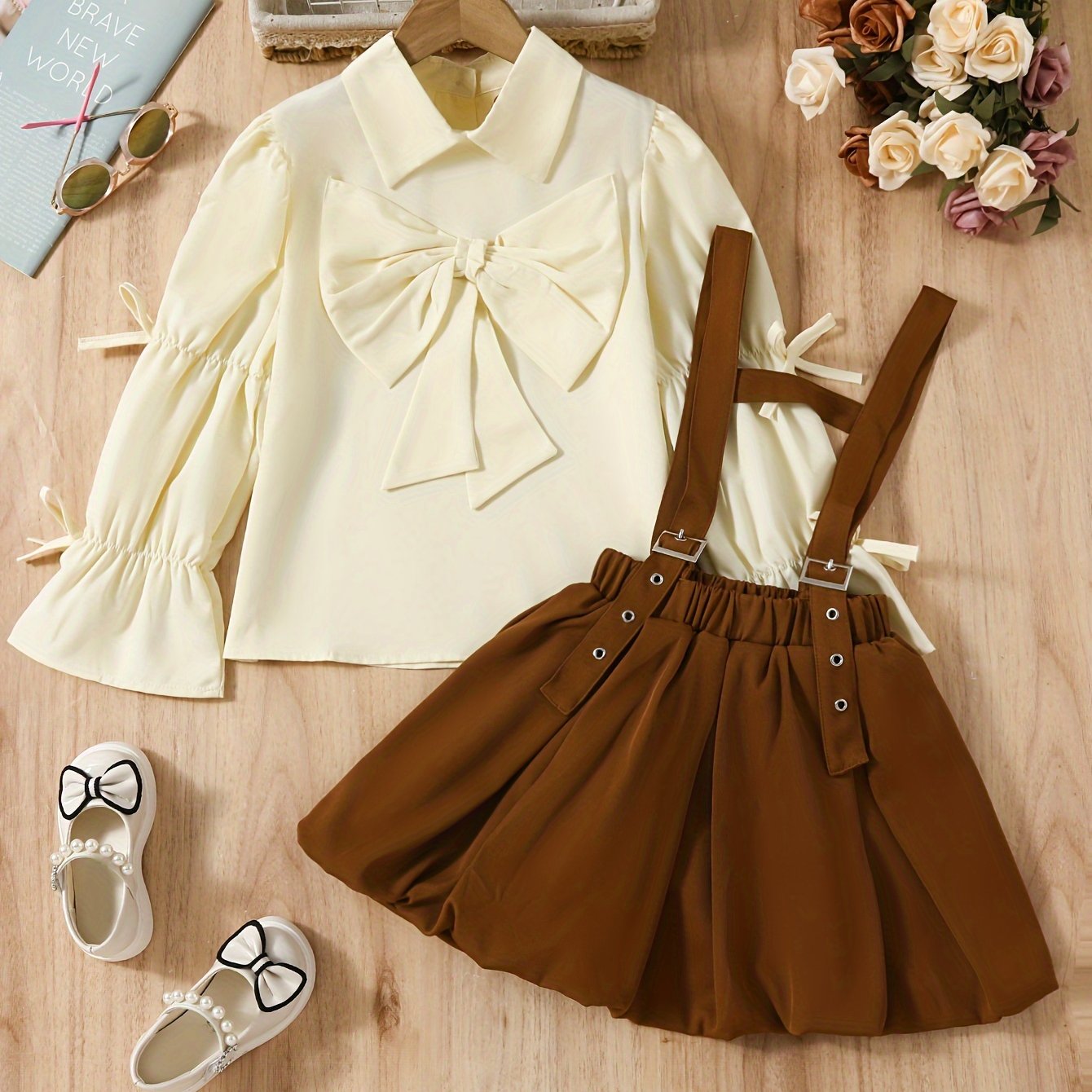 2024 New Girls' Spring/Autumn Outfit: Modern Baroque Pleated Bow Shirt with Suspender Skirt, Two-Piece Set.