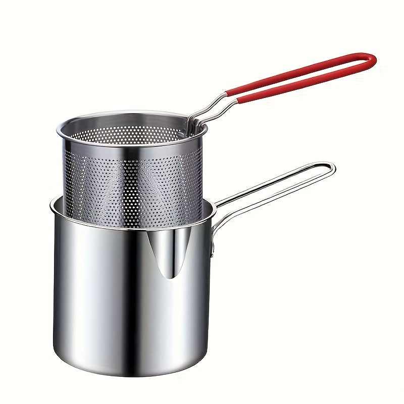 1.2L stainless-steel deep fryer pot with strainer basket and long handle.