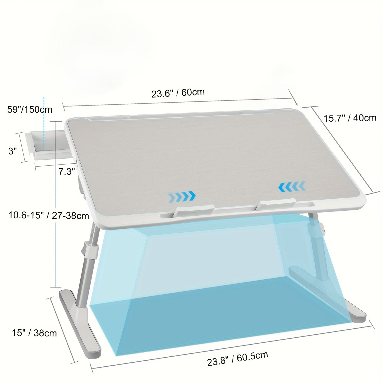 Adjustable folding bed tray with drawers, ideal for laptop use or eating in bed. Can also be used as a portable table for reading or writing. Available in silvery grey.