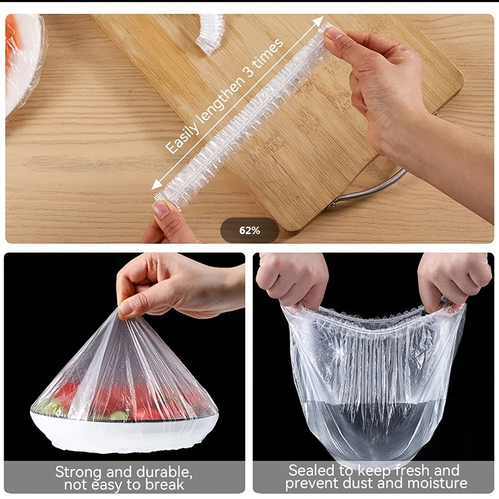 50-100 pieces of disposable fresh-keeping covers made of plastic for use in storing food. These covers are elastic and can be used to cover various storage containers in the kitchen or outdoors during picnics and camping trips.