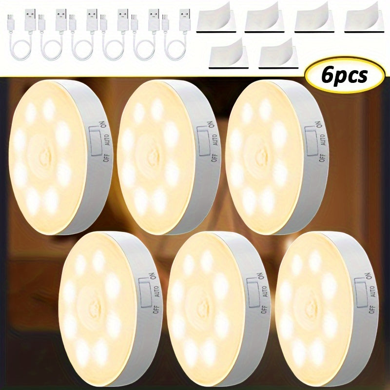 6 USB rechargeable LED lights with motion sensor for reading and home decoration in living room, office, and nursery.