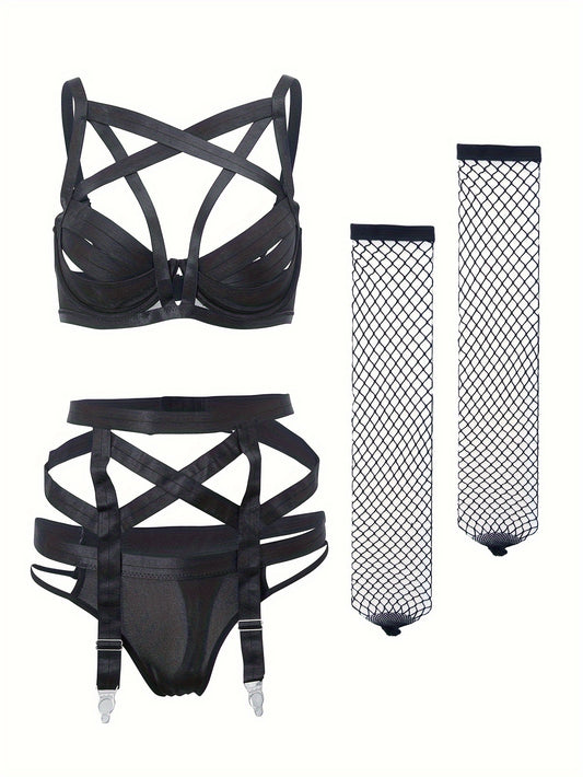 Sexy Hollow Out Lingerie Set with Bra, Garter Belt, Thong, and Stockings for Women