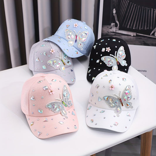 Lightweight cotton baseball cap with butterfly embellishments, rhinestone accents, adjustable fit, and woven craftsmanship. Fashionable sun protection hat for special occasions.