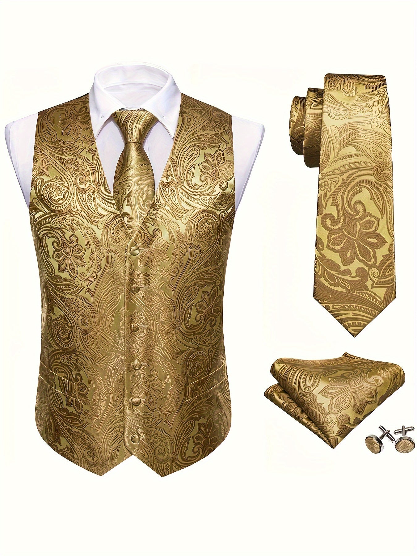 Royal golden floral jacquard V-neck vest suit set for plus size men, perfect for weddings.