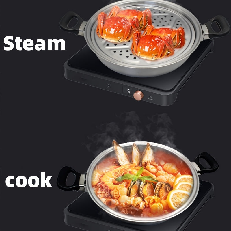 1 piece of Stainless Steel Steamer Pot, 35.0cm Multi-Functional Hot Pot with Steaming and Frying Features, Perfect for Home and Restaurant Applications