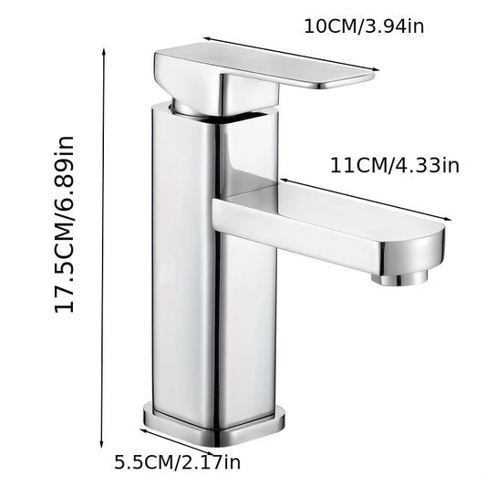 Stylish square faucet featuring an electroplated finish, perfect for basin hot and cold water control. This single-hole bathroom sink tap is ideal for washing hands and face effectively.