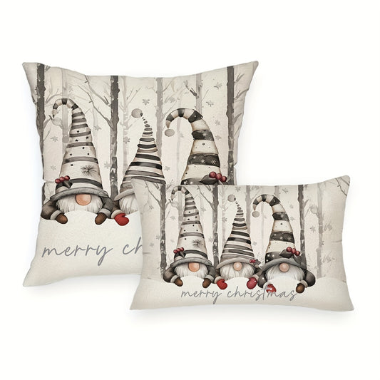 Rustic farmhouse Christmas pillow covers set with gnome snowflake tree design, hand washable polyester, zipper closure. Available in 2 sizes: 29.97cm x 50.04cm & 44.96cm x 44.96cm. Perfect for sofa, couch, living room, and bedroom decor. Pack of 1.