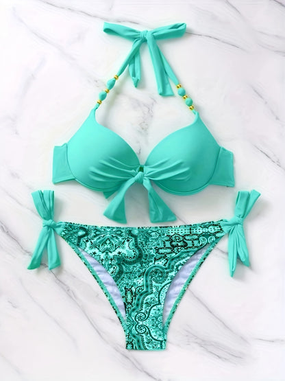 YIYUNQING Women's Turquoise Digital Print High Waisted Bikini Set with Tie-Front Halter Top, High-Cut Bottoms, and Decorative Ties. Made from Stretchy Nylon/Elastane Blend with