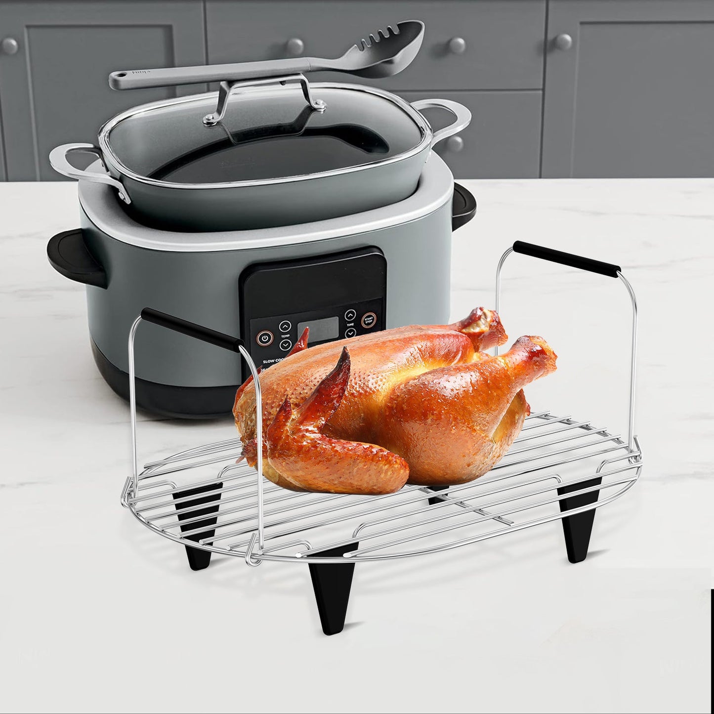 Jetcloud's Stainless Steel Steam and Roast Rack is designed for use with 8.5Qt Slow Cookers. It features a foldable handle, making it easy to store, and is reusable for steaming pot rack. This rack is safe for food contact and is compatible with MC1000