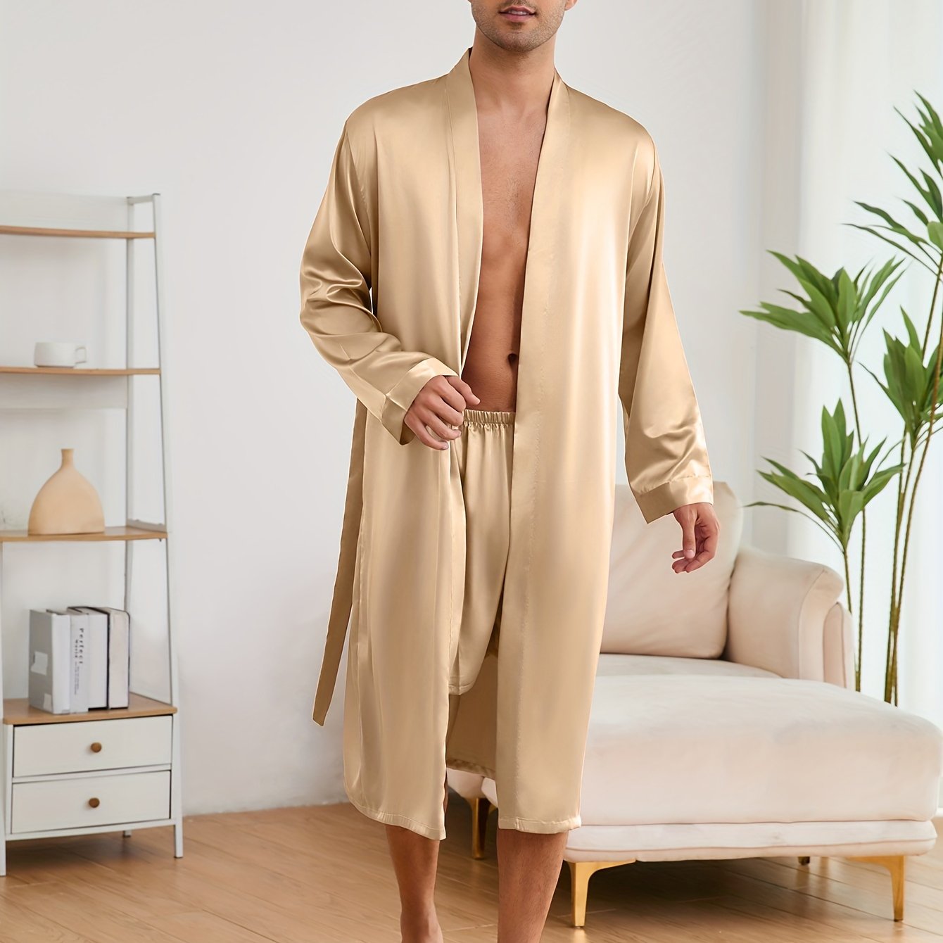 Men's simple style casual pajama sets, comfy solid robe, lace-up robe, and loose shorts home pajama sets.