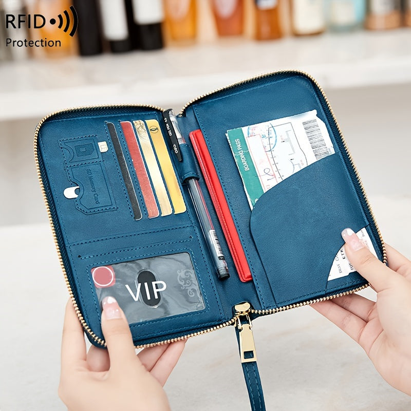 Brown PU travel wallet with RFID blocking for passports, cards, tickets, and IDs. Zipper closure and wrist strap, compact design with multiple compartments for secure organization.