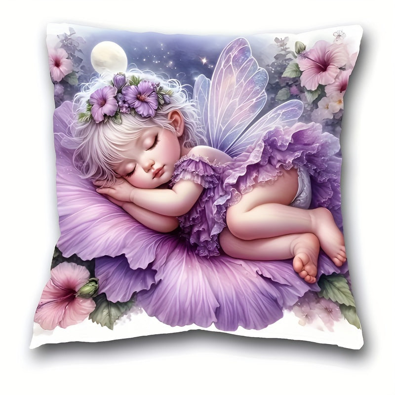 Angel girl plush pillowcase with fairy tale design featuring a sleeping fairy, floral motifs, and starry night sky. Ideal for bedroom or living room decor. Does not include pillow insert. Mystical and soft.