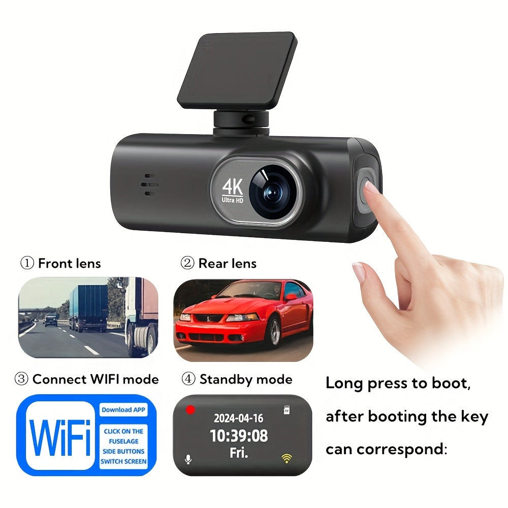 4K Ultra HD Dash Cam with front and rear view, includes 64GB card, built-in WiFi, 3.73cm IPS screen, night vision, wide angle, WDR, parking mode, smartphone app control, adhesive mount