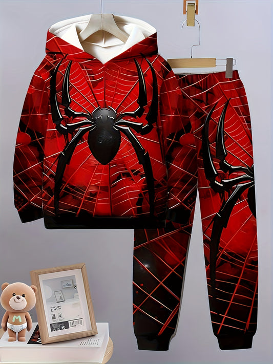 Spider Hero 3D Digital Print Hooded Sweatshirt & Pants Set for Boys, Comfortable and Versatile for Outdoor Wear in Autumn and Winter.