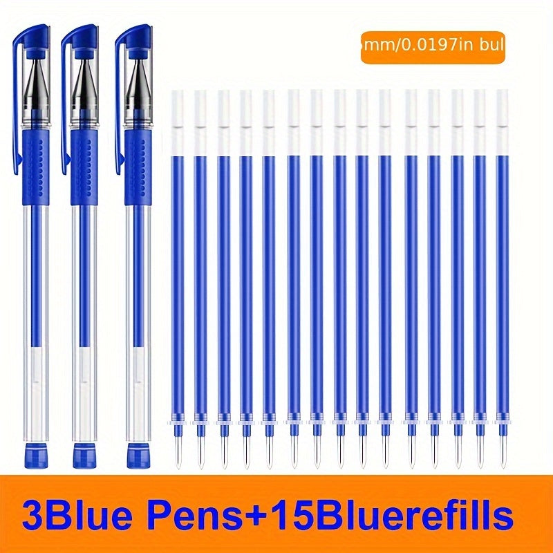 18-piece gel pen set in black, blue, and red ink colors, perfect for school or office use.