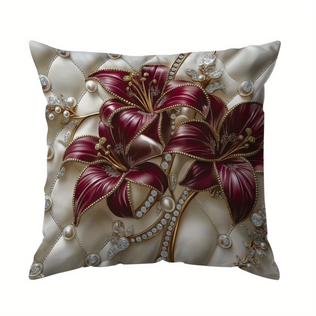 Single-side printed throw pillow cover with 3D floral pearl design, made of peach skin material, 45*45cm in size.