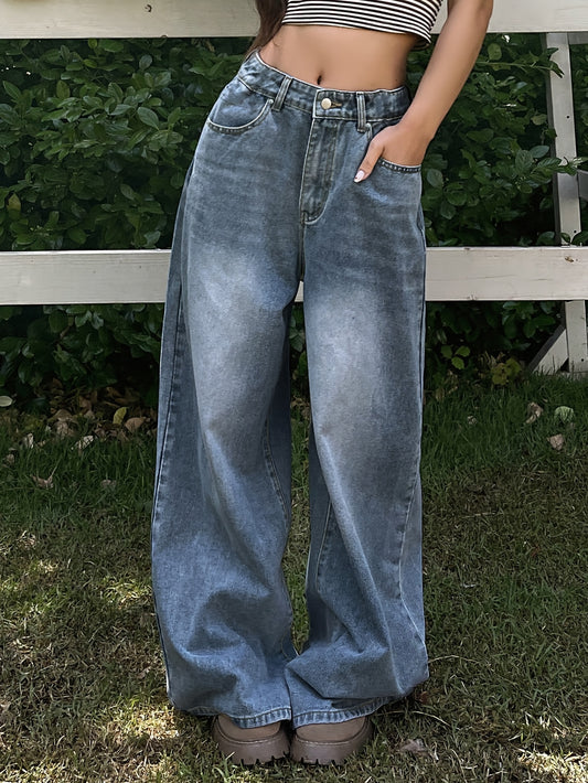 Water washed blue extra long wide leg jeans for women, perfect for casual autumn wear.