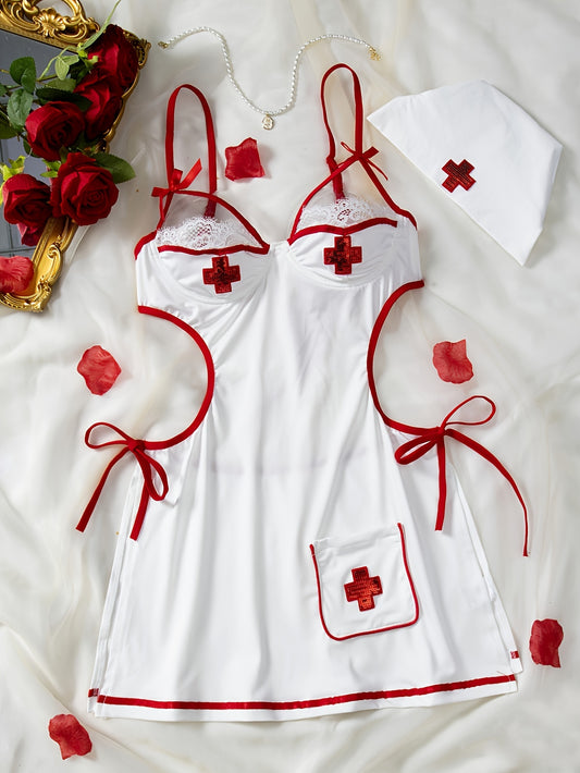 Sexy nurse cosplay costume with bow spaghetti strap design.