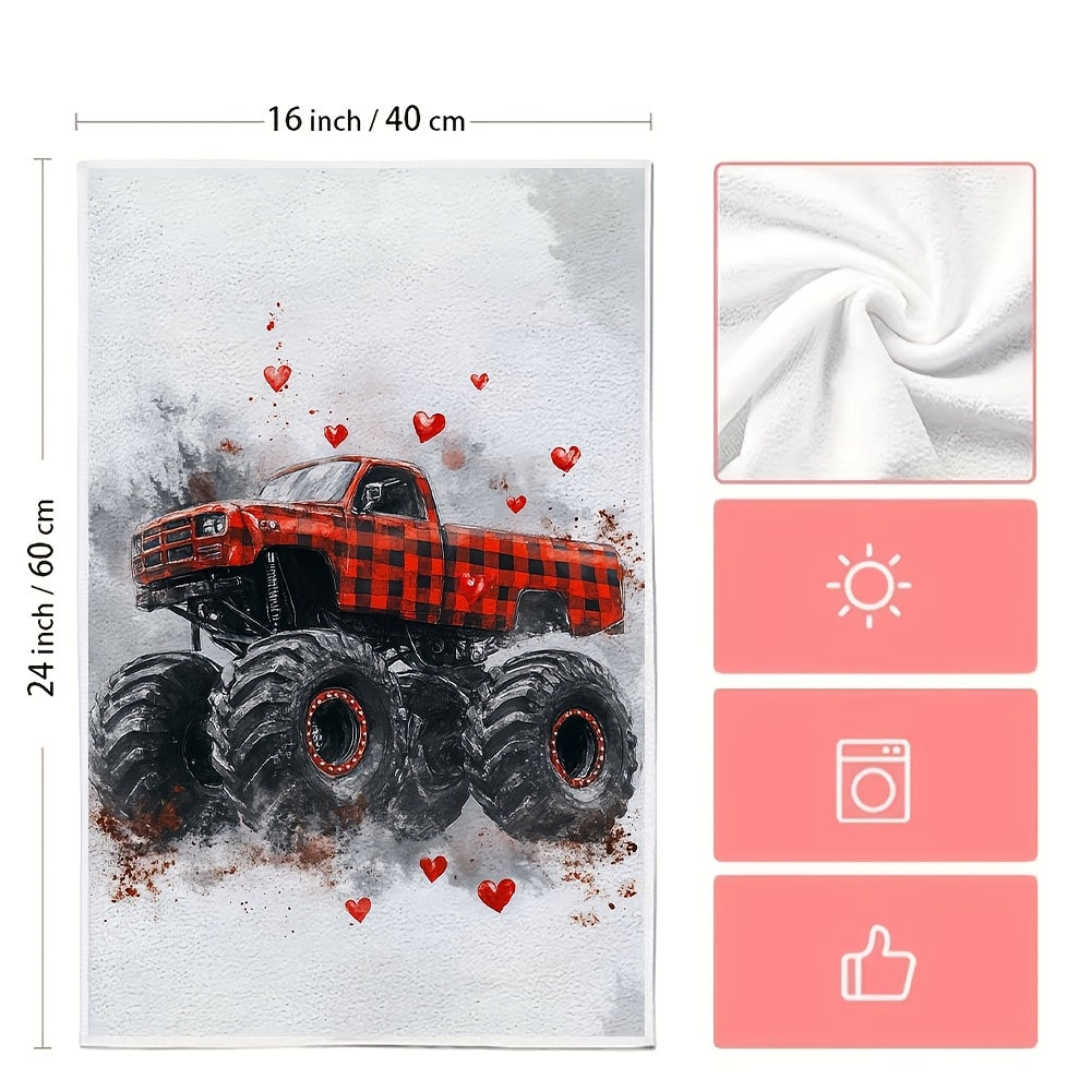 Get your hands on a pair of plush kitchen towels showcasing a Valentine's Day monster truck design in festive red plaid with adorable heart accents. These ultra-soft towels are great for drying dishes and hands, and make a charming addition to your