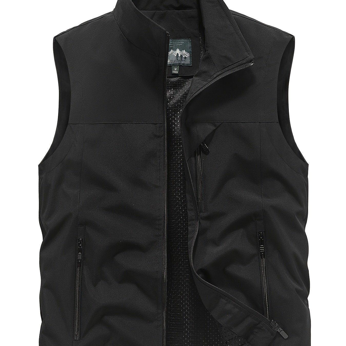 Men's sleeveless jacket with zipper pockets, stand collar vest for outdoor activities in spring, summer, and fall.