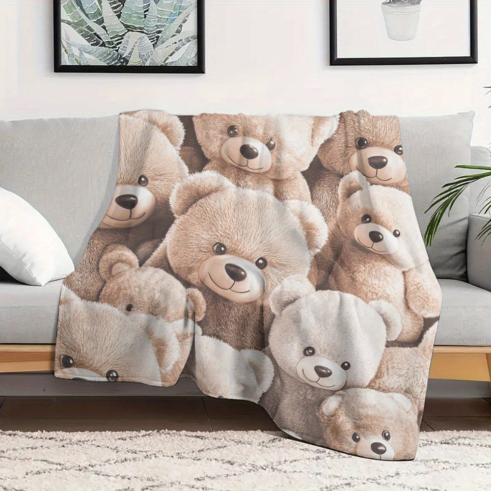 Soft and Cozy Cartoon Teddy Bear Print Flannel Throw Blanket - Perfect for All Seasons, Quilted Polyester Bedding with a Contemporary Design, Versatile and Hypoallergenic, Great Christmas Gift for Loved Ones