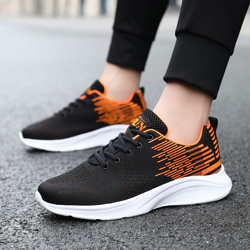 Men's breathable mesh running shoes with lightweight lace-up design, casual sports style with stripes, EVA sole, and fabric upper/insole/inner. Provides normal pronation support, suitable