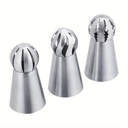 Set of 3 Russian Piping Tips made of durable stainless steel. Perfect for creating intricate designs on cupcakes and cakes, as well as for making puffs. A must-have baking tool and kitchen gadget for any home chef.